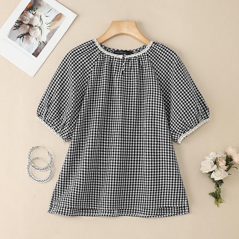 ZANZEA Women Grid Print Casual Round Neck Summer Short Sleeve Blouse