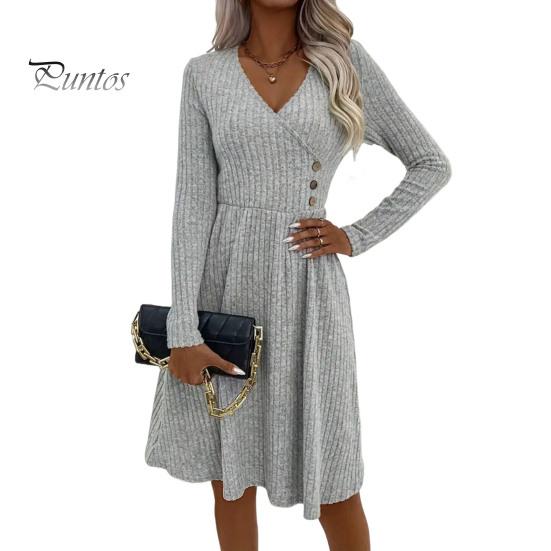 

Платье-свитер осень-зима с V-образным вырезом, А-силуэта, трикотажное, с пуговицами, декором в стиле пэчворк, с длинными рукавами, большим подолом, платье миди для поездок на работу, свиданий, повседневного ношения S светло-серый