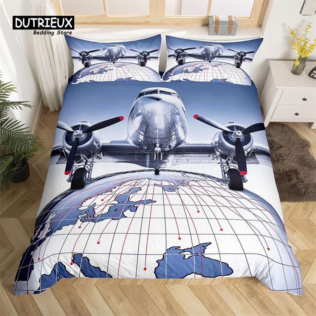 Classic Modern King 3D Airplane Aircraft Transportation Polyester Globe Helicopter Decor Comforter Quilt