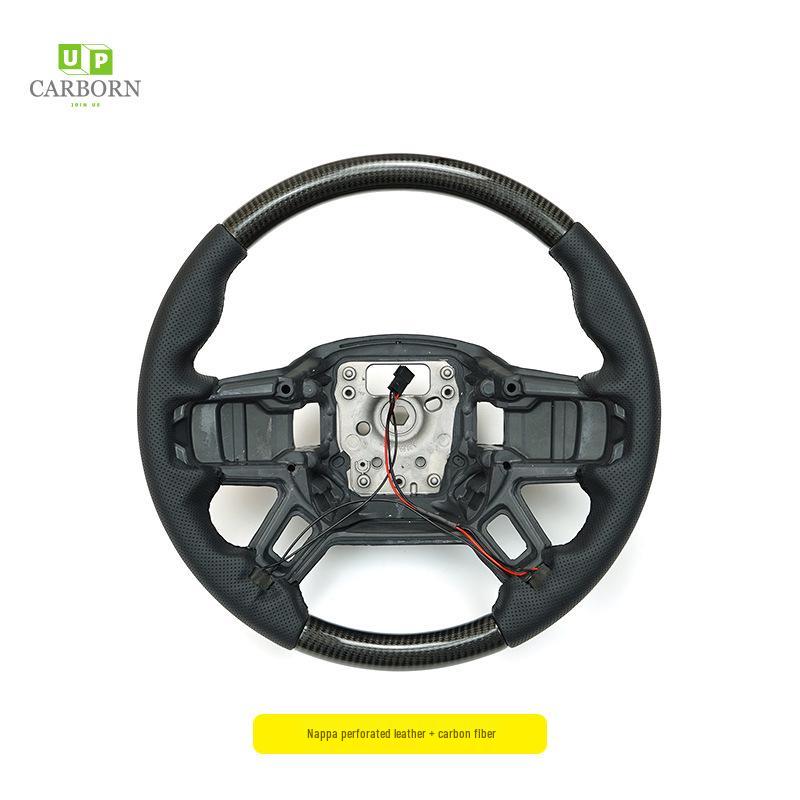 Compatible with 2020+ Land Rover Defender 110/90: Carbon Fiber Nappa Steering Wheel with Alcantara Paddle Shifters & Clock Spring.