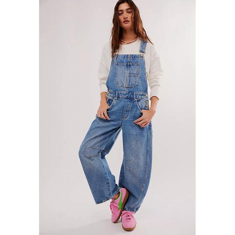 Tuta di jeans da donna a gamba dritta, vestibilità rilassata, stile streetwear, misto cotone