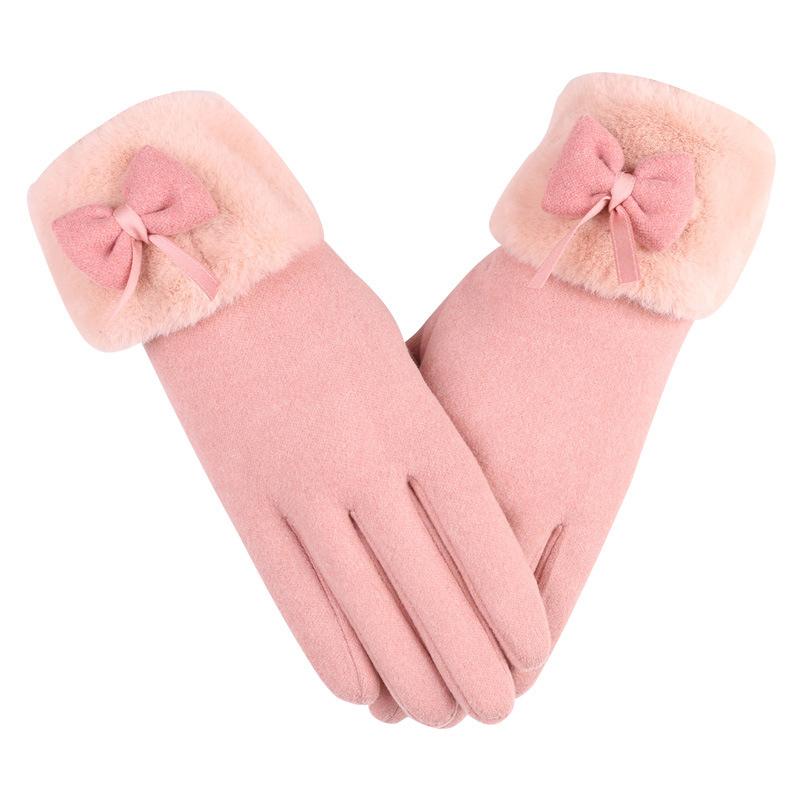 Women's Velvet Outdoor Cycling Bow Warm Gloves Windproof and Cold-proof Touch Screen Gloves