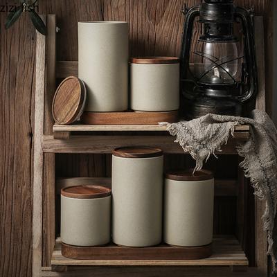 Barattolo di ceramica retrò per conservare tè e caffè, con coperchio in legno, contenitore sigillato per la conservazione degli alimenti, contenitore per la cucina, articoli da cucina