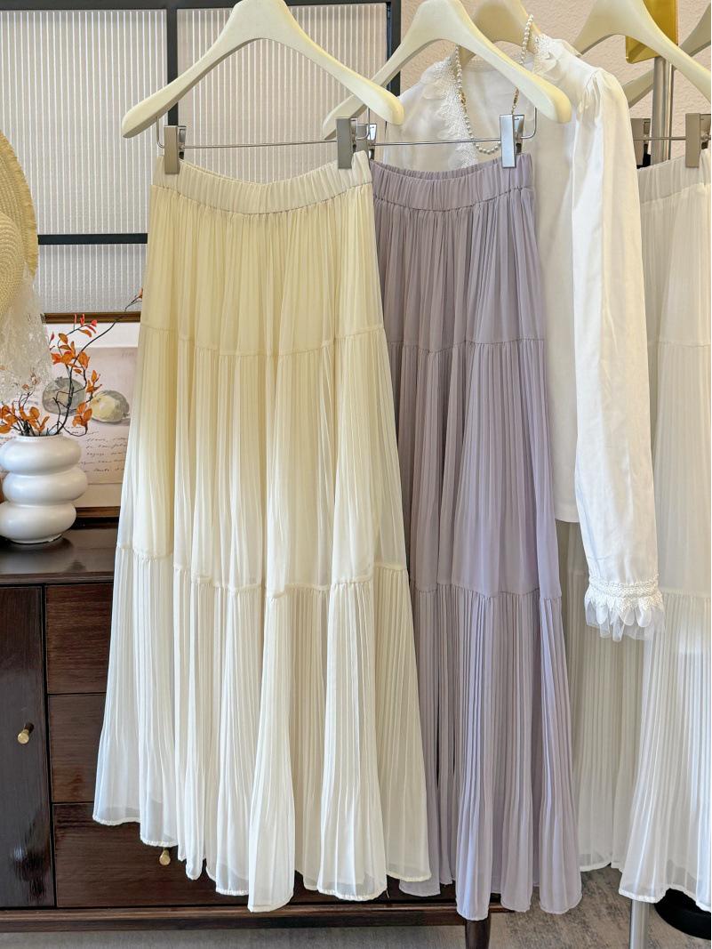 

French Retro Romantic High Waist Chiffon Midi Skirt One Size