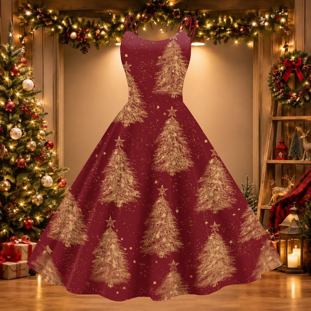 Women's Christmas Print Off-Shoulder Sexy Retro Party Dress for Holiday Celebration