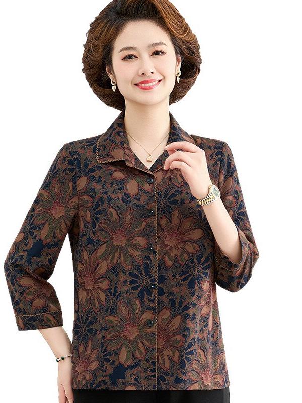 Women's Loose Floral Print Lapel Shirts for Spring and Autumn: Long-Sleeved, Plus Size, Suitable for Middle-Aged and Elderly