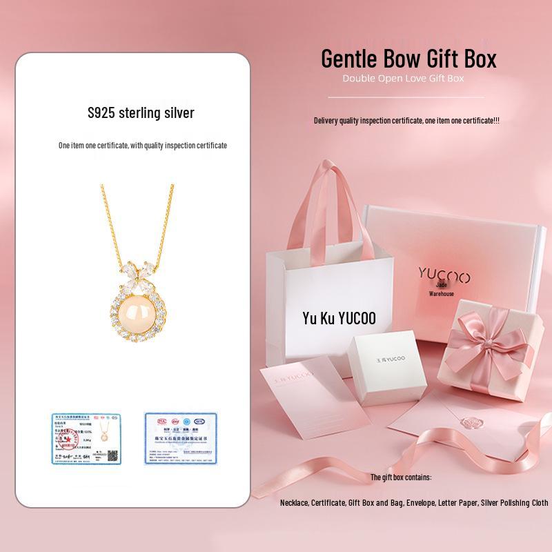 Chalcedony Bowknot 925 Sterling Silver Necklace, Light Luxury Birthday Gift for Women and Girls