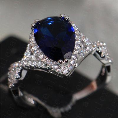 Luxury Drop 4ct Blue Sapphire Engagement Rings Finger 10KT White Gold Filled Wedding Rings for Women Jewelry Gift