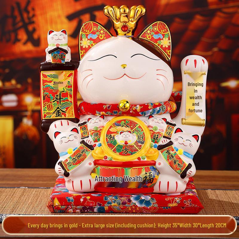 Automatic Waving Ceramic Lucky Cat Figurine - Perfect for Housewarming, Cash Register, or Living Room Decor
