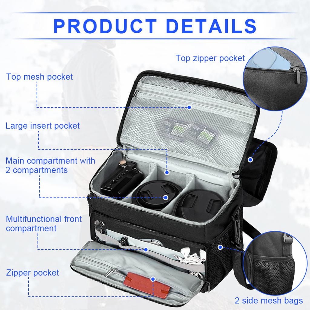 Camera Storage Bag Waterproof Lightweight Design Multiple Compartment Storage Adjustable Shoulder Strap Durability Polyester