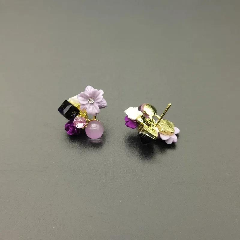 Purple Crystal Flower Stud Earrings for Woman Lilac Earrings Korean Fashion Wedding Party Jewelry Girl Elegance Set Accessories