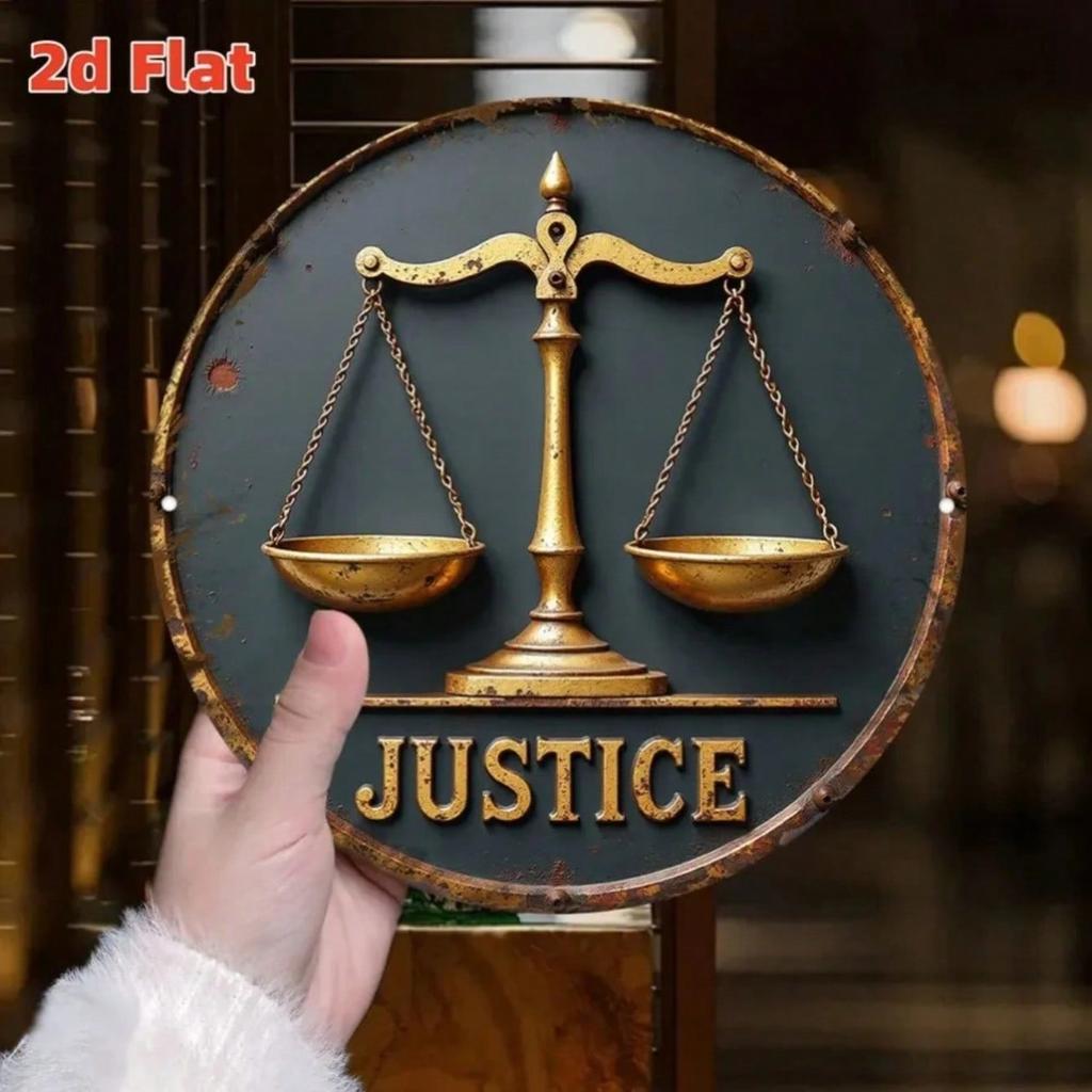 Vintage Justice Scales Metal Tin Sign Golden Sword 2D Flat Aluminum Wall Art Decor