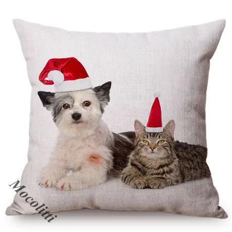 Christmas Sofa Decoration Cushion Cover Cute Pet Dog Animal Wear Red Christmas Hat Lovely Cat Print Throw Pillow Case Cojines