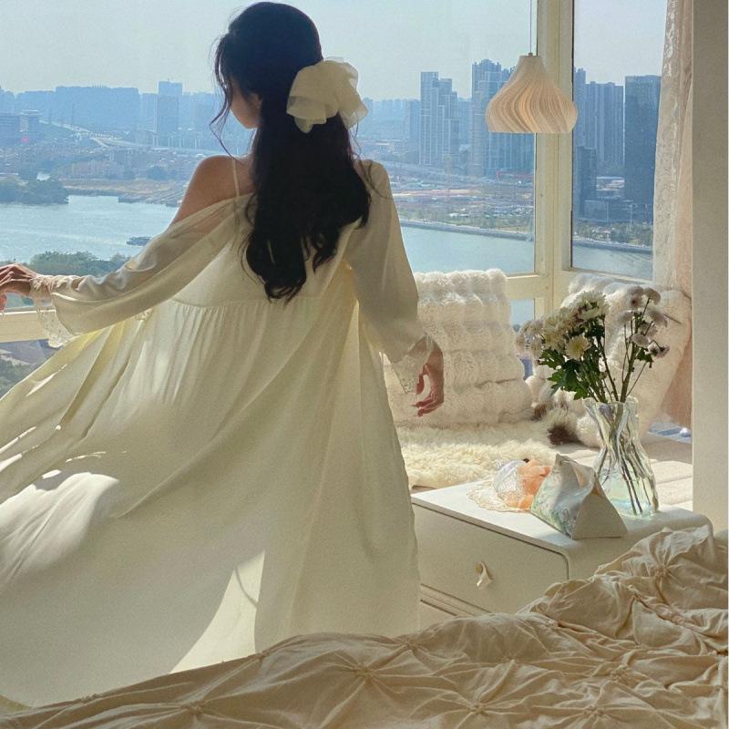 1011 summer new ice silk pajamas women's French nightgown robe two-piece set pure desire style sexy loungewear set
