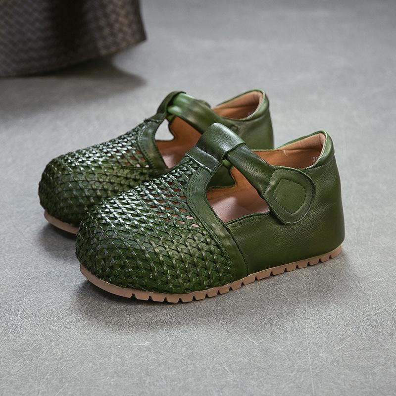 Johnature Genuine Leather Retro Woven Hollowed Out Height Increasing Sandals Comfortable Women's Shoes