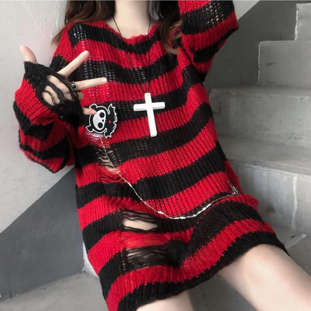 2KWEIRD Pink Striped Gothic Sweaters Women Ripped Holes Loose Knitted Pullover Frayed Fairy Grunge Jumpers Emo Streetwear Lolita
