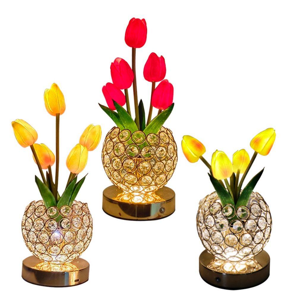 3 Color Tulip Crystal Flower Lamps Infinitely Dimming Desk Lamp Romance Flower Light  Bedroom