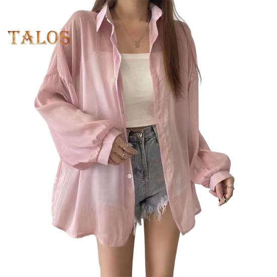 Women Shirt Lapel Long Sleeve Single Breasted Shirt Tops Solid Color Loose Fit See-through Glossy Fabric Sunscreen Thin Shirt