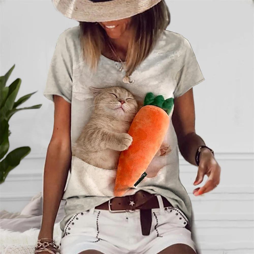 Женская футболка с 3D принтом кота и летним элементом — фото 6