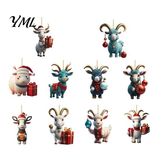 Holiday Car Interior Decor 2D Acrylic Goat Christmas Hanging Ornament, 3.15 Inch Farm Animal Xmas Tree Lightweight Crafts Decoration for Rear