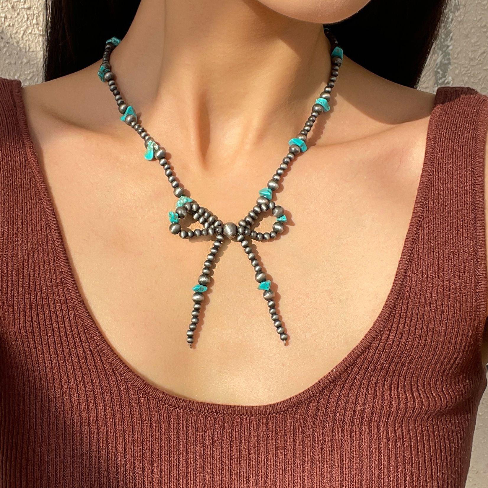 

Богемское бирюзовое ожерелье с цепочкой на ключицу Y2K свадебная вечеринка ювелирный подарок винтажное ожерелье с подвеской в виде банта для женщин