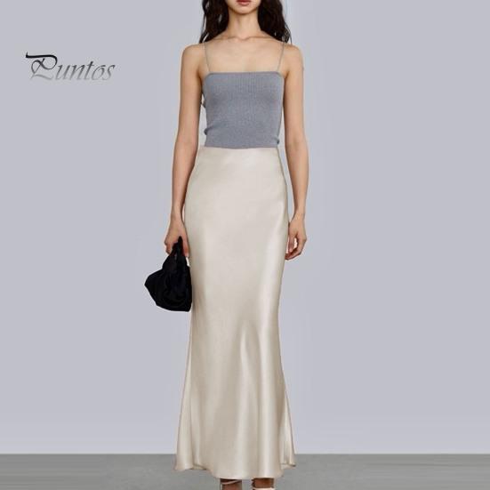 Spring Summer Maxi Skirt Women High Waist Silky Texture Long Skirt Solid Color Smooth Satin Fishtail Long Skirt