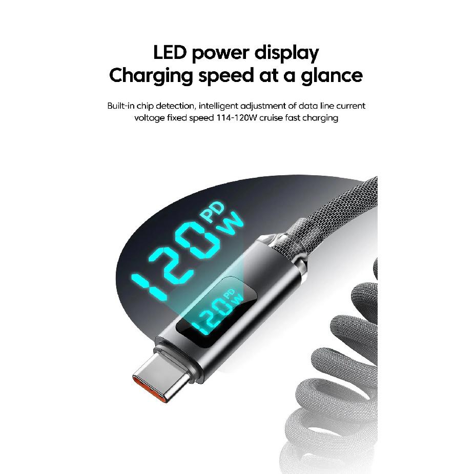 1M/2M 120W Spring Retractable USB A/C Type C To Type C Fast Charging Cable LED Digital Display DATA 480Mbps For Iphone15 16 Sams