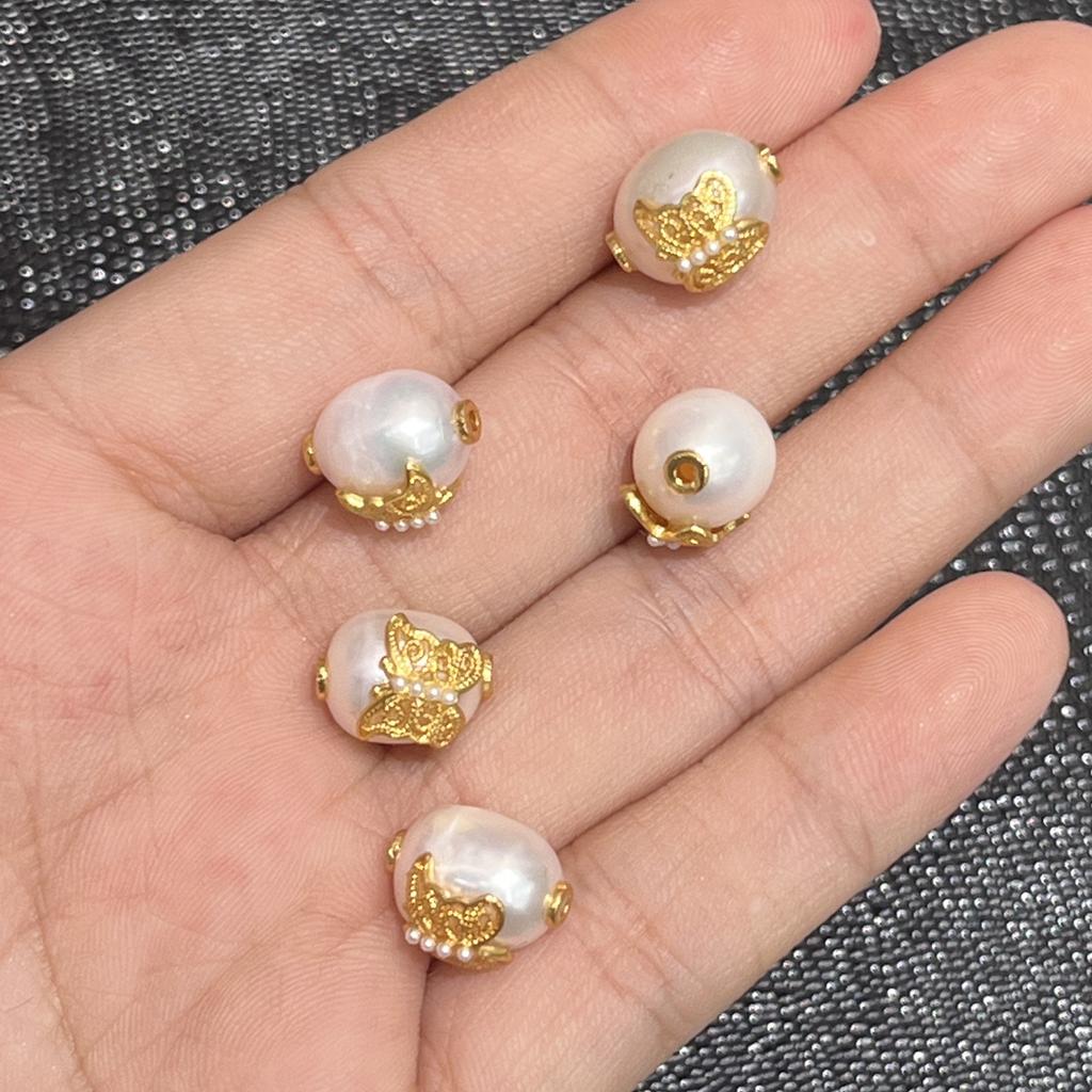 1Pc, Artificial Pearl Beads with Golden Butterfly Decor Accent, Fantasy Style Handmade Rice Beads for DIY Materials Accessories, Jewelry Making 8×12mm