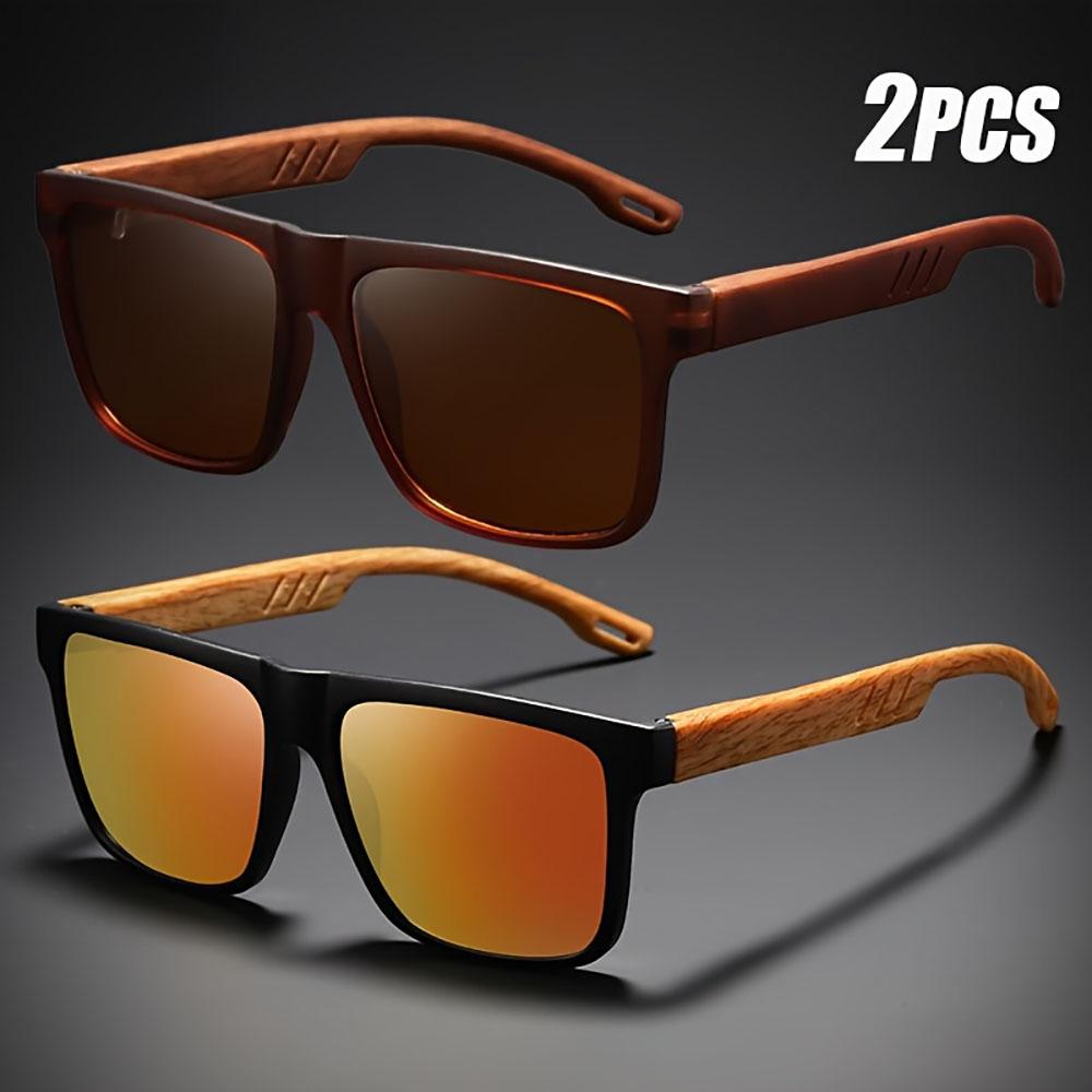 1/2Pcs Vintage Square Casual Man Sunglasses Wood Grain Spring Hinges Glasses Uv400 Protection Unisex Outdoor Daily Eyewear