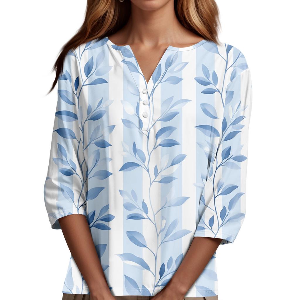 Damen T-Shirt mit Aufdruck, Knopfleiste, 3/4-Ärmel, modisch für den Alltag und das Wochenende, Basic, V-Ausschnitt, normales Oberteil