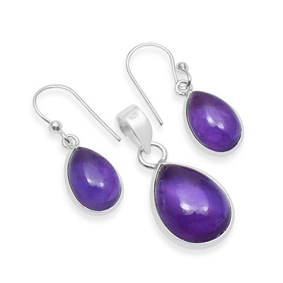 Natural Amethyst Gemstones 925 Sterling Silver Tear Drop Pendant Dangle Earrings Jewelry Sets For Women & Girls
