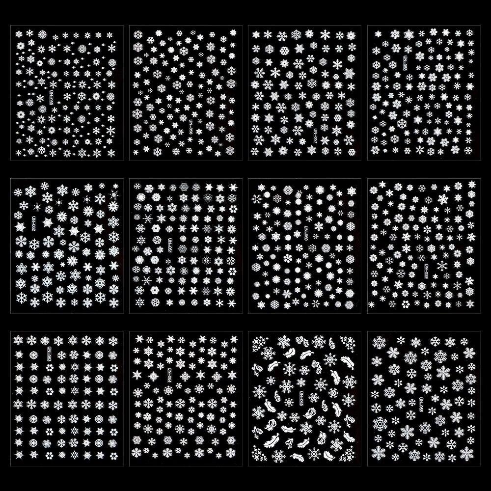 30 listů Vánoční samolepky na nehty Samolepící 3D Bílé obtisky na nehty s bílými vločkami Vánoční potřeby na nehty Vánoční Manikúra Posuvníky