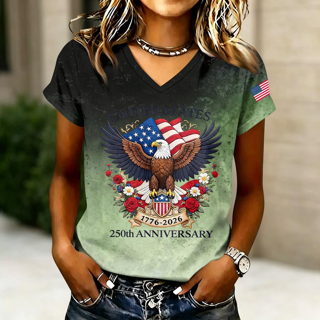 Women's Casual V Neck Short Sleeve T Shirt with Graphic Print United States Anniversary Eagle and Flag Design Lightweight Top