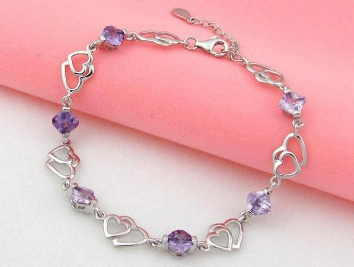 Weihua Women's Silver-Plated Double Heart Amethyst Bracelet - Korean Style Jewelry.