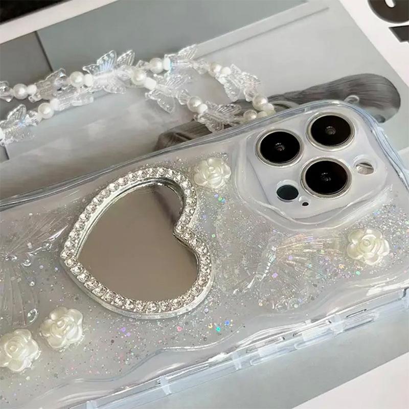 For Iphone17Promax Dripping Glue, Love Rhinestones, Mirror Phone Case, Apple 15Plus, Butterfly Flower 16