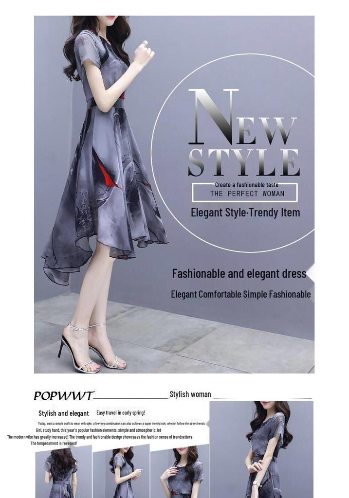 2026 Summer Women's Short Sleeve Chiffon Swallowtail Dress with Korean Print