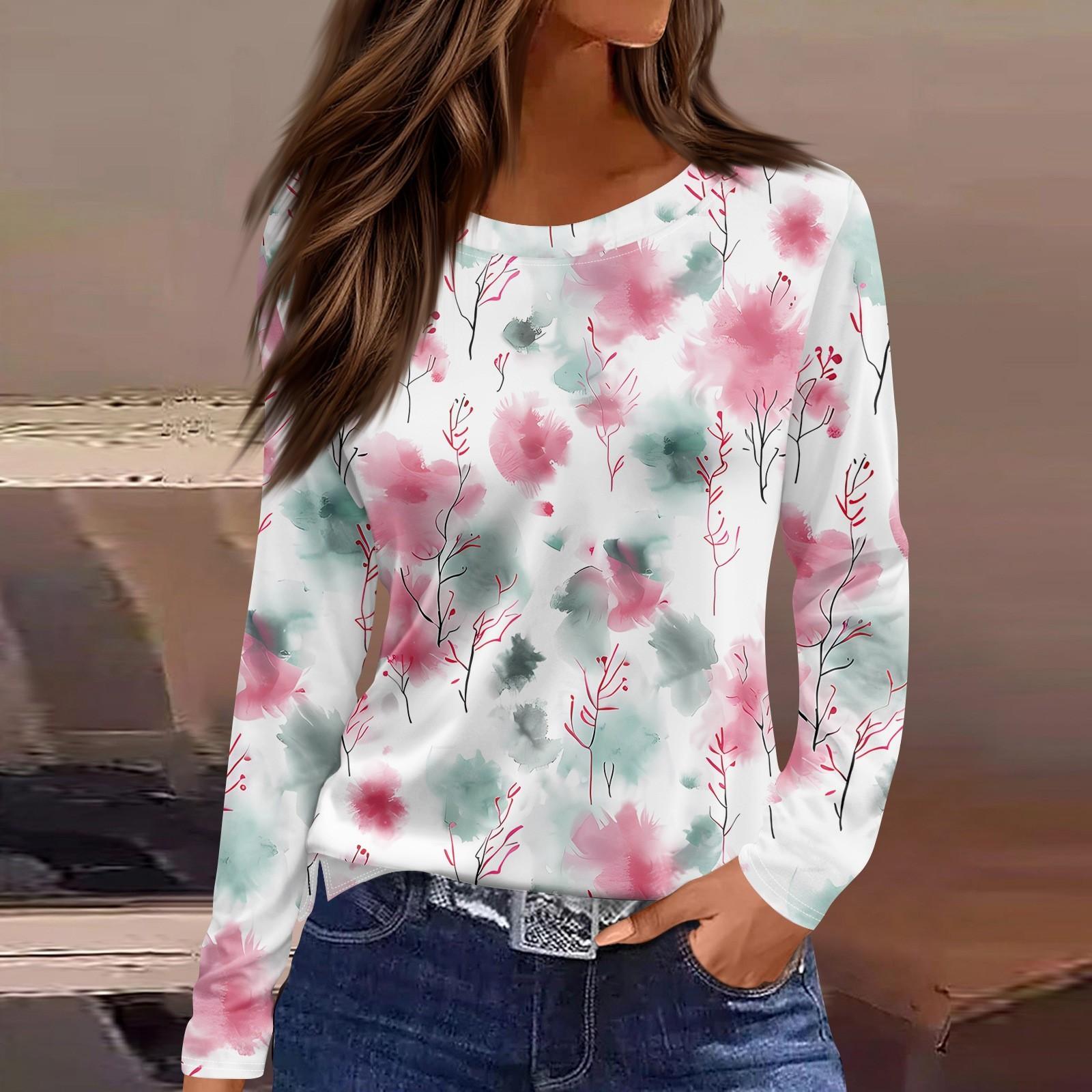 

Женская модная повседневная свободная футболка с принтом и круглым вырезом с разрезом и длинным рукавом, женский топ XL розовый