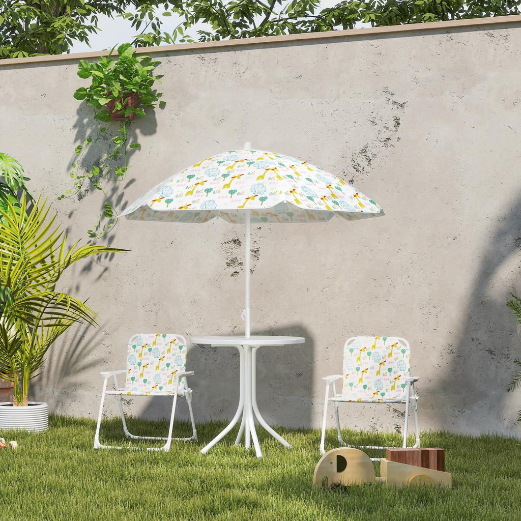 Children's 4-piece outdoor garden furniture set, elephant and giraffe design, adjustable parasol ? 100 cm, folding chair