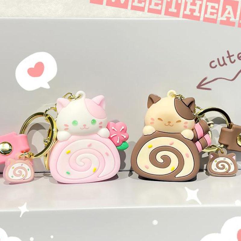 Kawaii Cat Keychain Cute Cartoon Keyring Pvc Cake Roll Key Accessories Bag Decorat Anime Key Chain for Girl Couple Trinket Gift