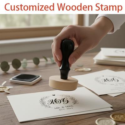 Carimbo de Madeira Redondo Personalizado para Casamento, Selo de Monograma Personalizado para Casais, Celebração de Noivado e Casamento para Convites, Cartões de Agradecimento