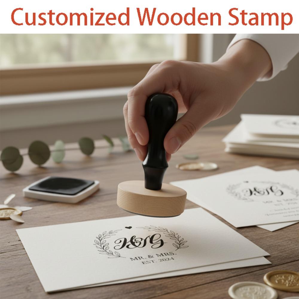 Custom Round Wooden Wedding Stamp, Personalized Monogram Seal for Couples, Engagement & Marriage Celebration for Invitations, Thank You Cards