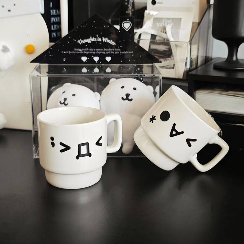 Ins Cute Expression Stackable Ceramic Mug, Minimalist White Coffee & Water Cup for Home Use
