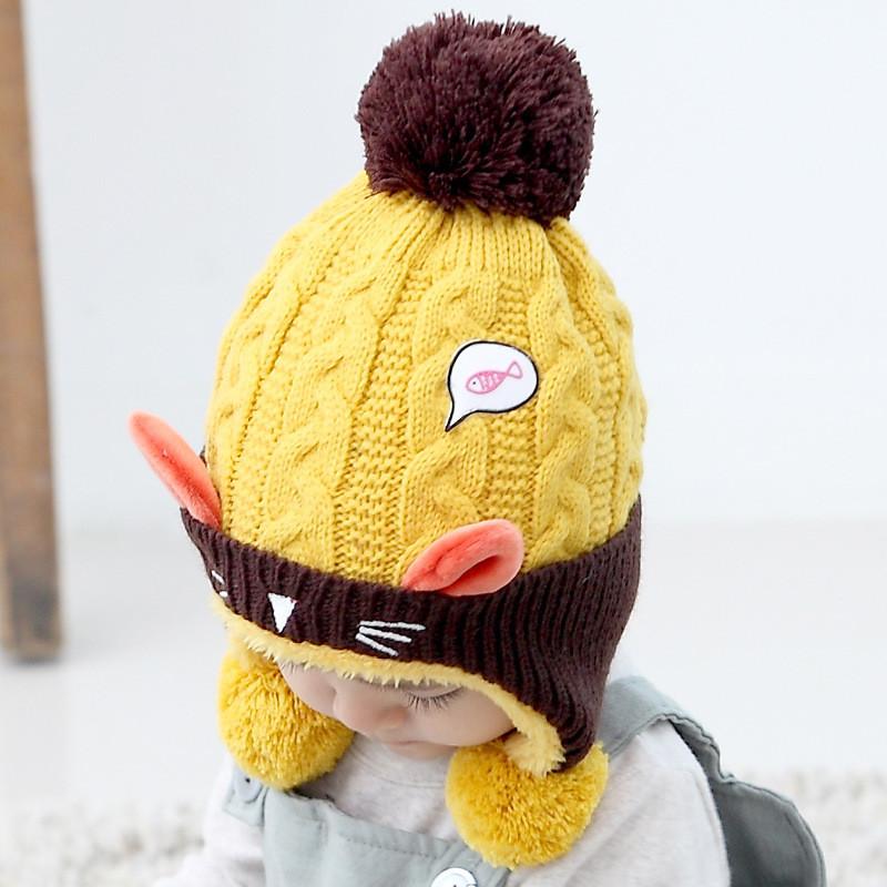 Cozy Baby Knitted Hat For Winter With Cute Cat Design Thickened Plush Ears Suitable For Boys And Girls Aged 5 To 24 Months Available In Red Yellow