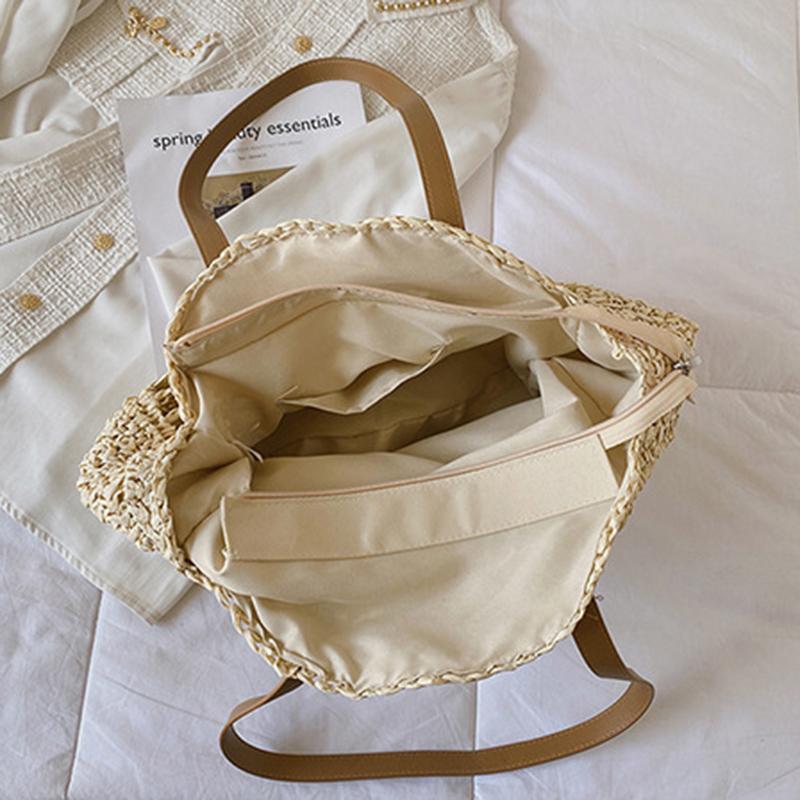 Summer Round Straw Bag For Women Vacation Woven Beach Bag Large Capacity Shoulder Bag Simple Shopping Handbag Tote Sac