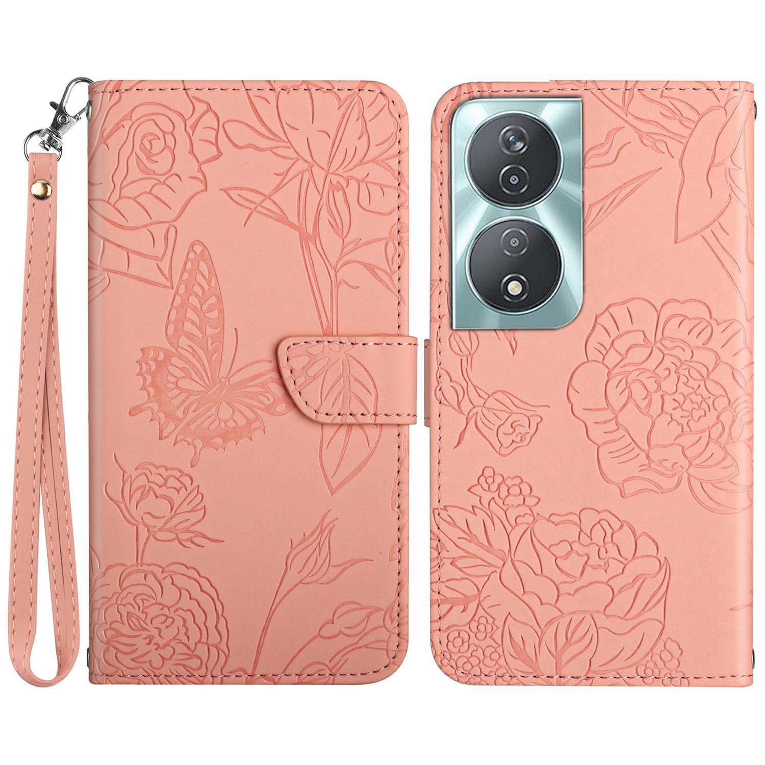 

HT03 For Honor 90 Smart/X7b 4G Wallet Phone Stand Cover PU Leather Phone Case with Wrist Strap Pink