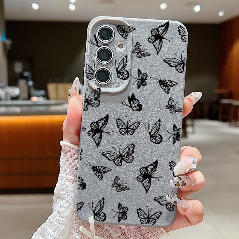 Stoßfeste, matte und schlanke Handyhülle mit Schmetterlingsdruck für Samsung S25 Ultra S24 FE S23 S22 A36 A56 A16 A55 A26 A15 A35, Ledertextur, TPU, weiche Rückseite