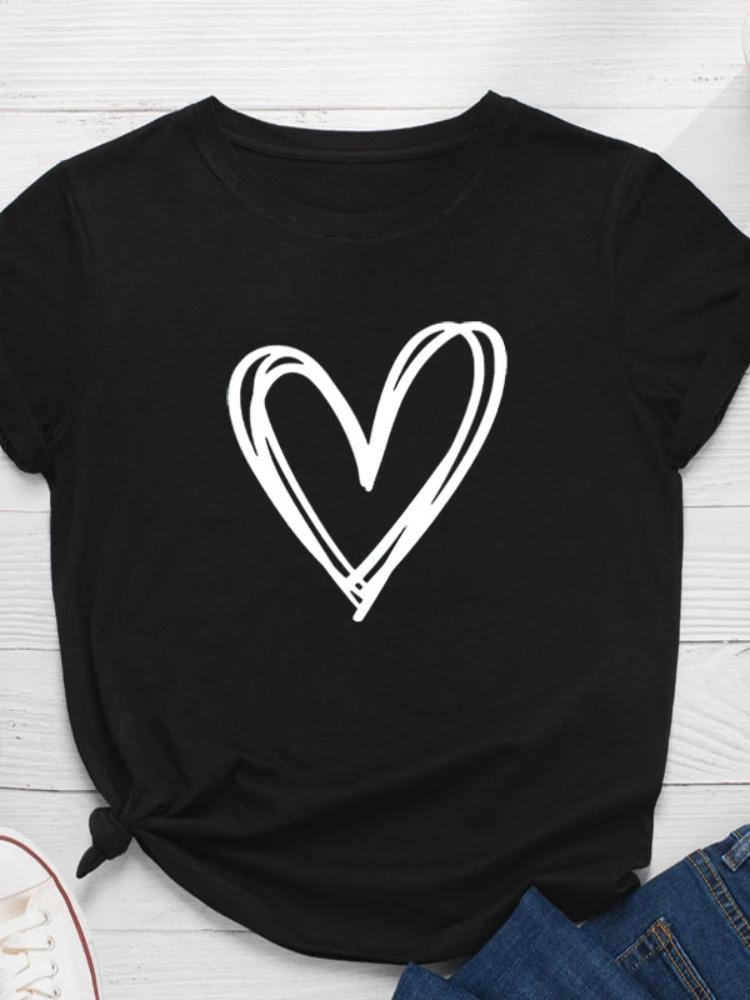 Line Heart Print Women T Shirt Short Sleeve O Neck Loose Women Tshirt Ladies Tee Shirt Tops Clothes Camisetas Mujer
