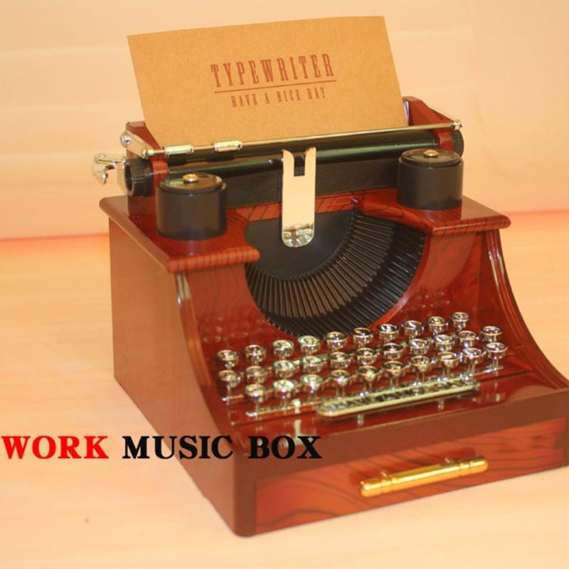 Retro Design Wind Up Mechanical Music Box In Typewriter Shape Sweet Melodies with Drawer Home Desktop Shelf Decors