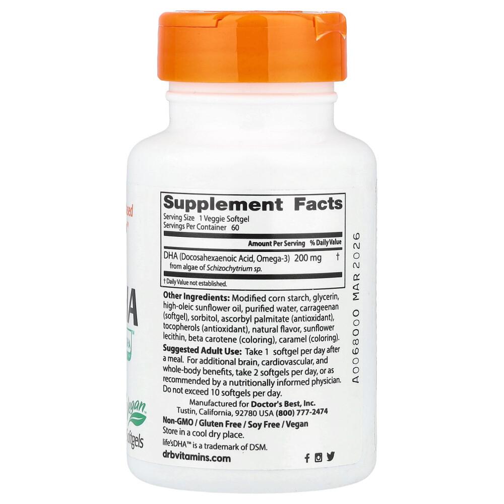 Doctor's Best Algae-Derived Vegan DHA 200mg with Life's DHA, 60 Veggie Softgels