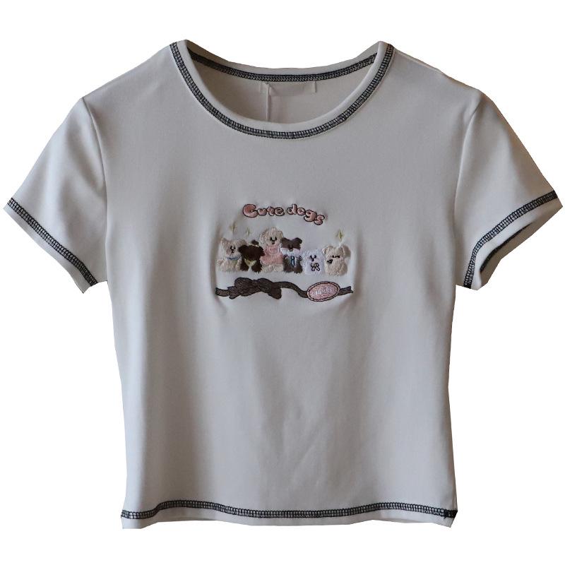 2025 Korean Style Cartoon Embroidered Slim Fit Cute Short Sleeve T-Shirt for Women
